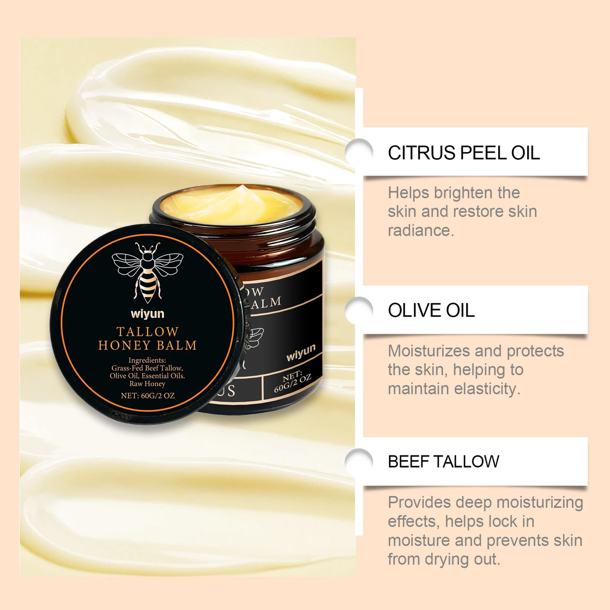 Beef Tallow Honey Moisturizer Grass Fed Whipped Tallow Face Cream Body Lotion Non Greasy Nourishing Fast Absorption Skin Care