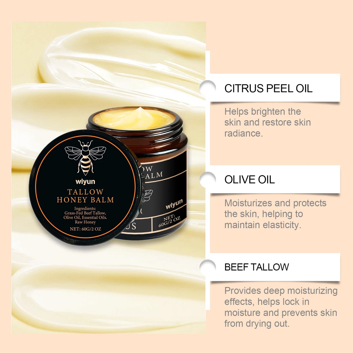 Beef Tallow Honey Moisturizer Grass Fed Whipped Tallow Face Cream Body Lotion Non Greasy Nourishing Fast Absorption Skin Care