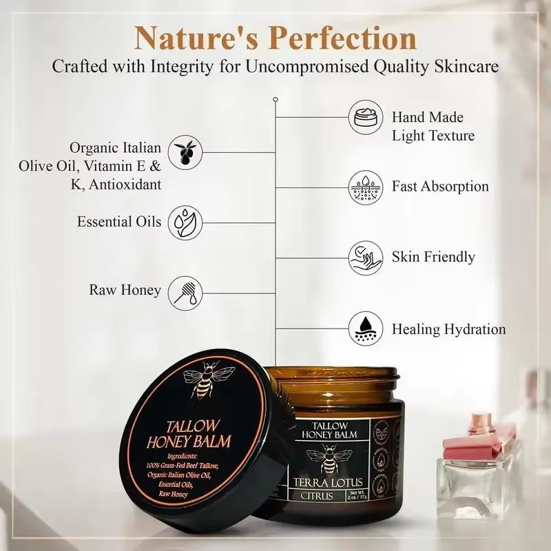 Organic Grass Fed Beef Tallow Honey Balm for Dryness and Itchiness Skin Moisturizing Beef Tallow Face Cream Body Skin Care Cream