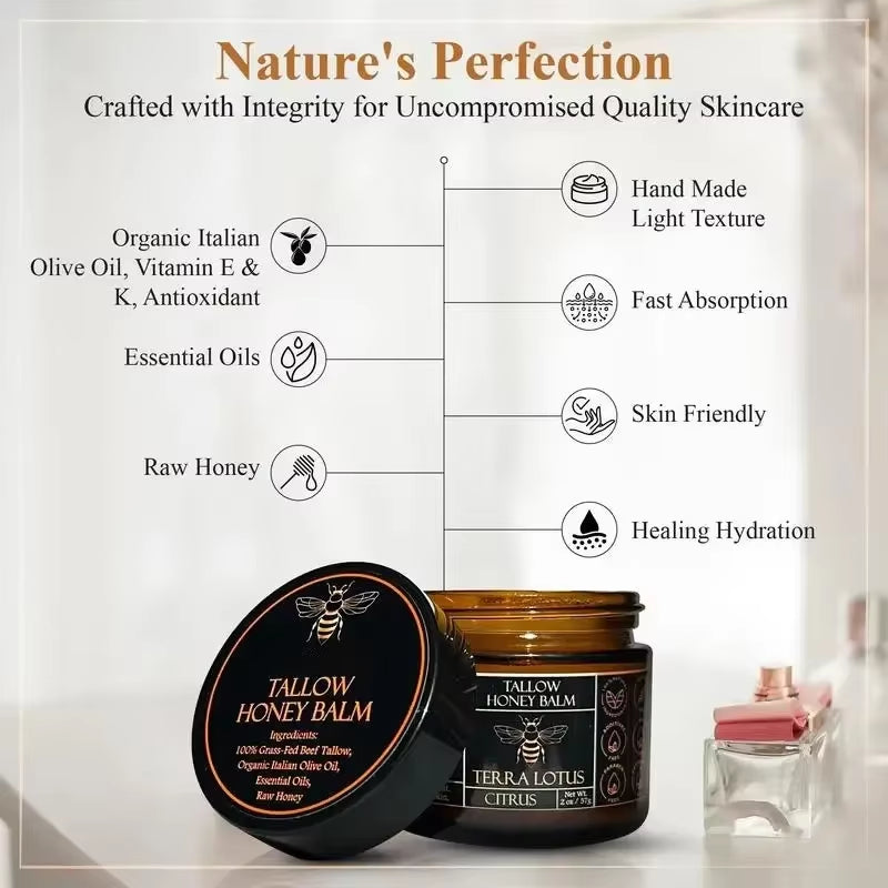 Organic Grass Fed Beef Tallow Honey Balm for Dryness and Itchiness Skin Moisturizing Beef Tallow Face Cream Body Skin Care Cream